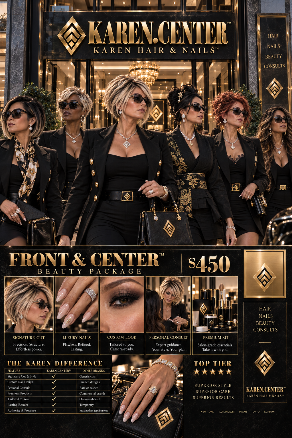 Karen.Center™ Front & Center™ Beauty Package -- Signature Cut, Luxury Nails, Custom Look, Personal Consult, Premium Kit